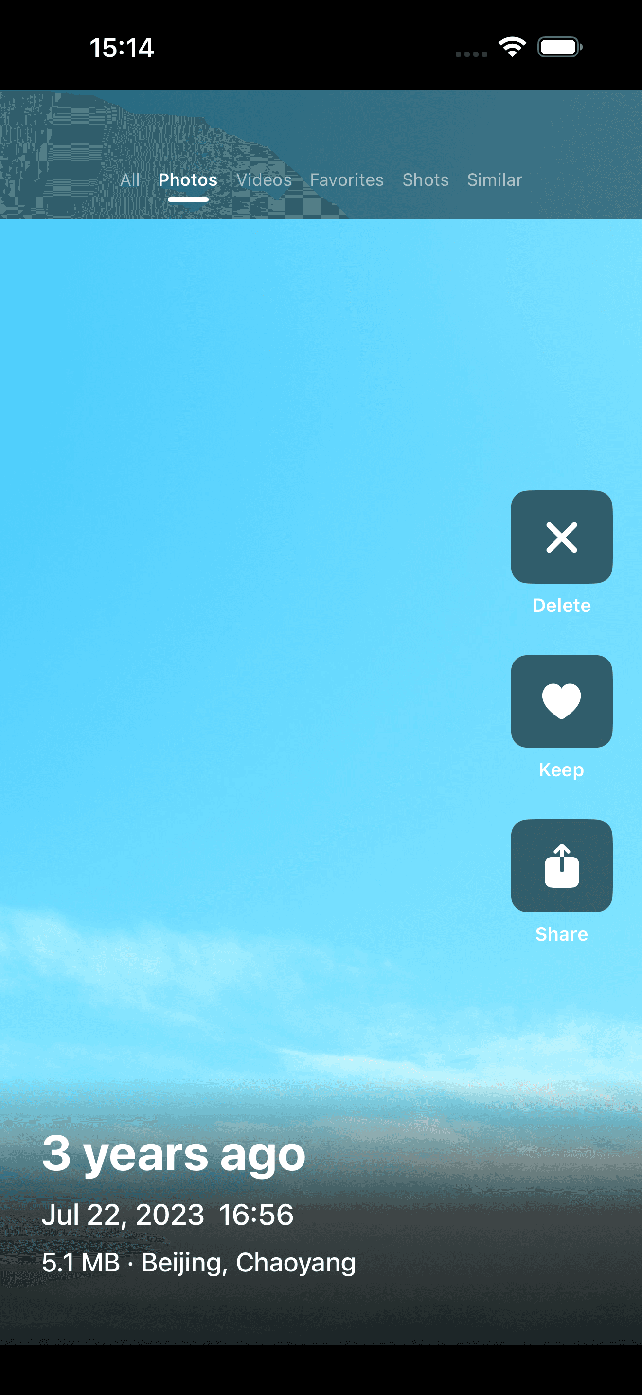 PicTok photo review screen showing swipe actions